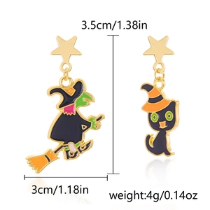 Asymmetric Halloween earrings showing size 3.5cm witch and black cat charms