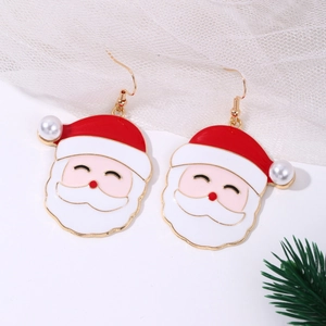 Detail of Santa Claus drop earrings with festive oil-drop design and faux pearl accents