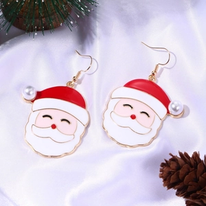 Cute Santa Claus dangle earrings with white imitation pearls and gold hooks for Christmas