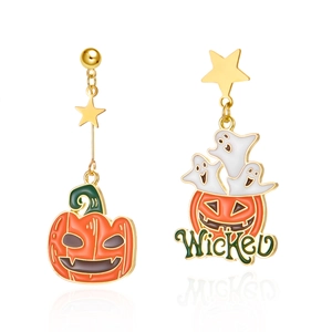 Asymmetric Halloween pumpkin and ghost earrings with Wicked pendant and gold stars