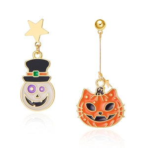 Detail of Halloween asymmetric earrings featuring pumpkin ghost and black hat charms