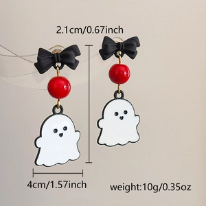 Detail view of ghost earrings with red bows, showing 2.1x4cm size and 10g weight specs