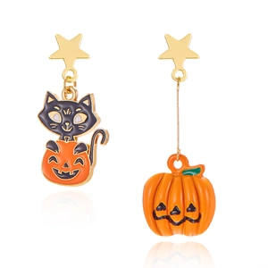 Detailed view of Halloween asymmetric earrings with pumpkin and black cat charms