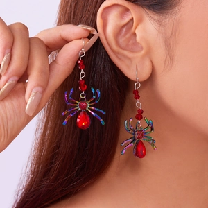 Gothic spider drop earrings with rainbow coating and red crystal for Halloween
