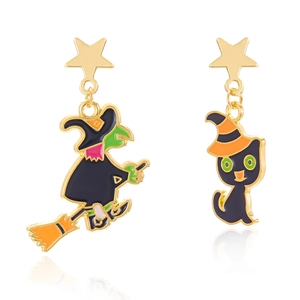 Detail of asymmetric Halloween earrings with gold stars, witch, and black cat pendants