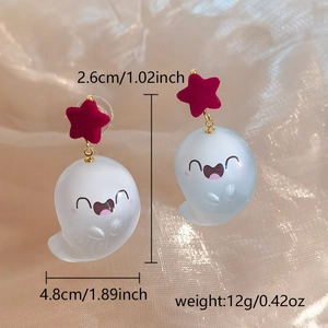 Detail view of cute Halloween ghost earrings with red star stud, size 2.6cm by 4.8cm