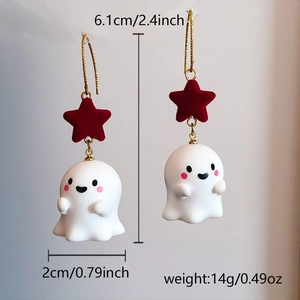 Ghost earrings with red velvet stars and gold hooks featuring dimensional measurements