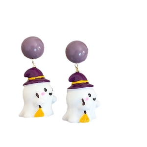 Halloween ghost earrings with purple witch hat and yellow broom for festive costume