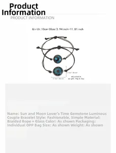 Detail showing sun and moon luminous couple bracelets with adjustable woven rope cord