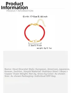 Detail view of heart-shaped red rope bracelet showing 17+5cm length and size specs