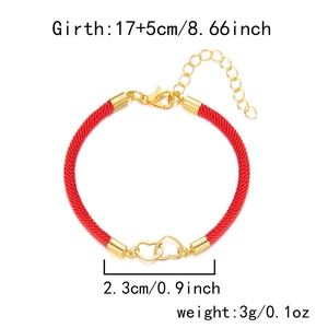 Detail of red rope bracelet with double heart charms and 17+5cm size measurements