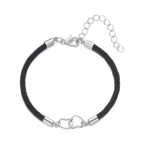 Minimalist black braided rope bracelet with interlocking twin silver hearts and lobster clasp