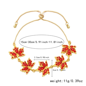 Bracciale dorato regolabile con cinque foglie d'acero rosse e strass scintillanti