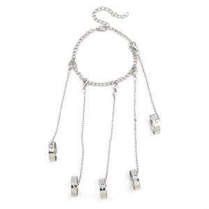 Silver hip hop finger ring bracelet set with five adjustable rings and metal chains