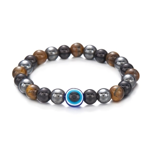 8mm Evil Eye kraalarmband met blauwe bedel, hematiet en tijgeroog edelstenen