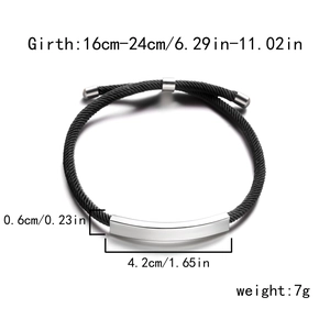 Bracelet ajustable en corde tissée noire avec plaque incurvée en acier inoxydable poli