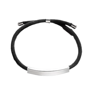 Bracelet tressé noir réglable avec plaque rectangulaire en acier inoxydable poli unisexe