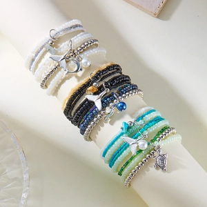 Bohemian multi-layer seed bead bracelet set with ocean pendants and turtles