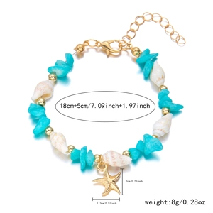 Seestern-Anhänger Armband mit blauen Steinen und Muschelcharms sowie Maßangaben