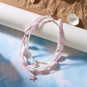 Boho Mehrreihige Halskette Set mit rosa Seestern Anhänger und weißen Perlen Charms