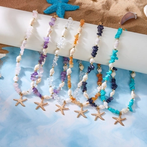 Böhmisch Seestern Muschel Halskette Armband Fußkettchen Set Naturstein Perlen Schmuck Für Sommer Strand Damen Urlaub