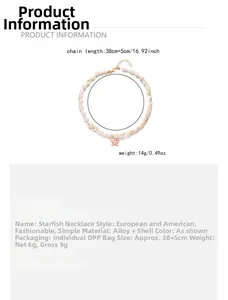 Detailed view of handmade white shell necklace with pink starfish pendant and gold clasp