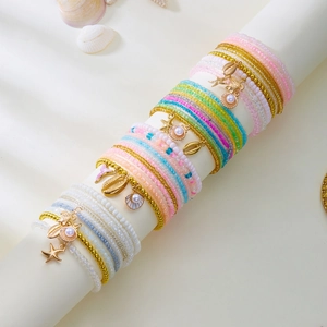 Multilayer colorful seed bead bracelet set with starfish and turtle ocean charms