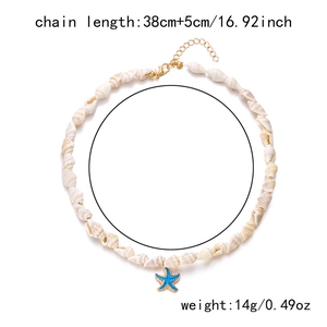 Detail of seashell choker with blue starfish pendant showing 38+5cm length and 14g weight