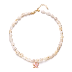 Detail view of summer shell necklace with pink starfish pendant and gold lobster clasp