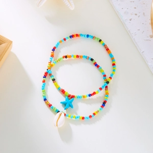 Bohemian bunte Perlen-Fußkettchen Set mit blauem Seestern und weißem Muschelanhänger