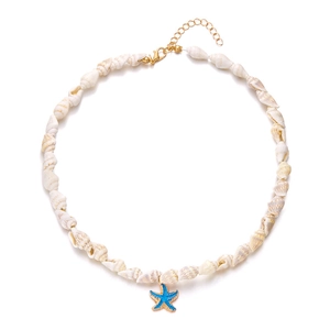 Detail of a beach-inspired necklace featuring natural shells and a blue starfish pendant