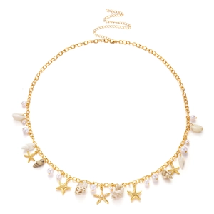 Bohemian gold waist chain with sea shells, starfish pendants and pearls for beach vacation