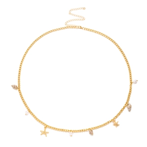 Detail of beach waist chain with golden starfish, natural shells, and pearls