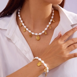 Fashion Gold Alloy Faux Artificial Pearl Necklace Bracelet Anklet With Shell Starfish Conch Charms Ocean Summer Beach Jewelry Women
