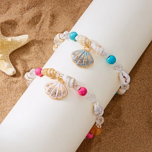 Sommerliches Strand-Perlenarmband-Set mit Muscheln, Türkis und rosa Perlen-Akzenten