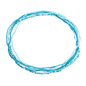 Detail of bohemian layered waist beads featuring sky blue and white gradient seeds