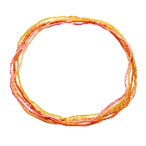 Detailed macro view of colorful multi-layer beaded waist chain in orange and pink hues