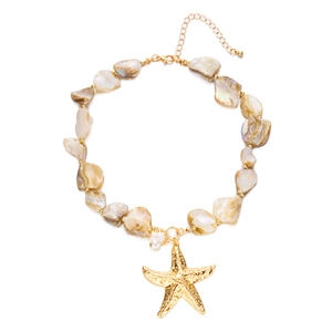 Detailed view of ocean style necklace with shell beads and golden starfish pendant