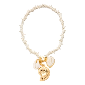 Detail of star-beaded necklace with golden OT buckle and shell-themed nautical pendants