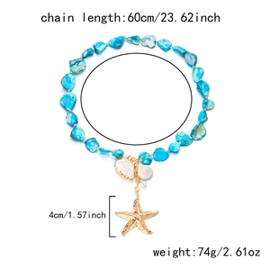 Detail of shell starfish necklace with blue stone beads showing length and weight dimensions