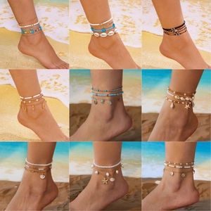 Bohemian Beach Layered Anklet For Women Gold Silver Starfish Turtle Shell Faux Artificial Pearl Bead Summer Vacation Foot Jewelry
