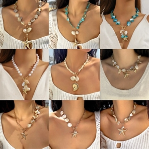 Fashion Ocean Starfish Shell Beaded Necklace Alloy Sea Snail Artificial Pearl Pendant Jewelry Set For Women Beach Vacation