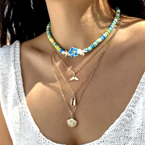 Bohemian Layered Necklace For Women Polymer Clay Heishi Beads Alloy Gold Chain Sea Shell Turtle Coconut Tree Pendant Summer Beach Vacation Jewelry