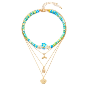 Bohemian multilayer necklace with colorful clay beads, sea shell, and starfish pendants