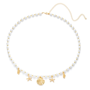 Detail of pearl body chain with golden starfish, seashell, and scallop shell pendants