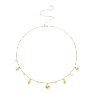 Detail of gold beach waist chain with starfish, seashell charms and white pearls