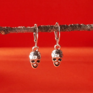 Gothic skull earrings with lever-back hooks hanging on a dry branch against red background
