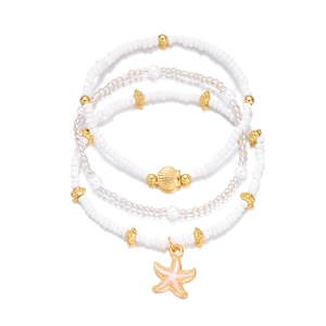 Detailed set of 4 Bohemian beaded bracelets featuring starfish charm and golden shell pendant