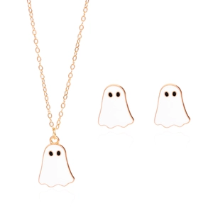 Nahaufnahme des goldenen Halloween-Geist-Halsketten und Ohrring-Sets mit Emaille