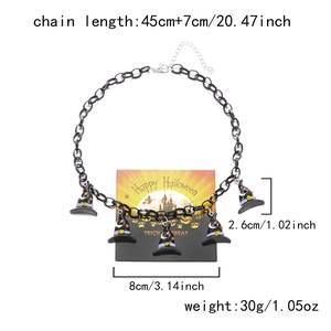 Detailed view of Halloween necklace with witch hats pendants and dimensions marking
